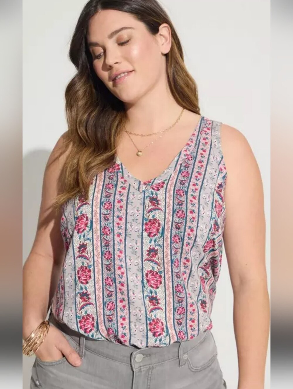 Torrid Challis Pink Stripe Floral Boho V-Neck Tank Top Plus Size 0